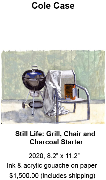 Image is of an ink & acrylic gouache on paper painting by Cole Case entitled, Still Life: Grill, Chair and Charcoal Starter from 2020