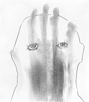 drawing of a human head with eyes and no nose or mouth with streaky finger-like smears