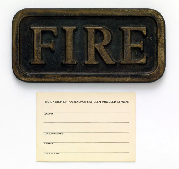 Postcard and bronze plaque, FIRE, by Stephen Kaltenbach