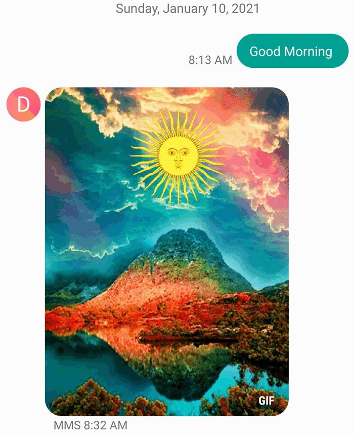 A date, the text GOOD MORNING in a green pill-shape and a picture of a landscape with a mountain and water and the sun