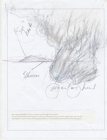 This is a picture of a pencil drawing with two abstract cloud-like shapes on the right side with a mountain and the horizon line in the background by Richard Haley