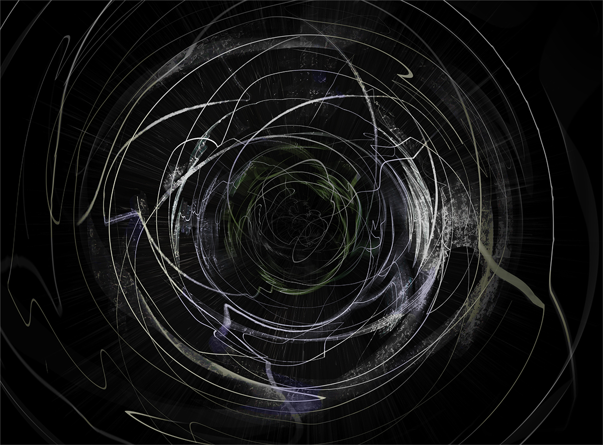 A circular abstract image of white curved lines on a black background