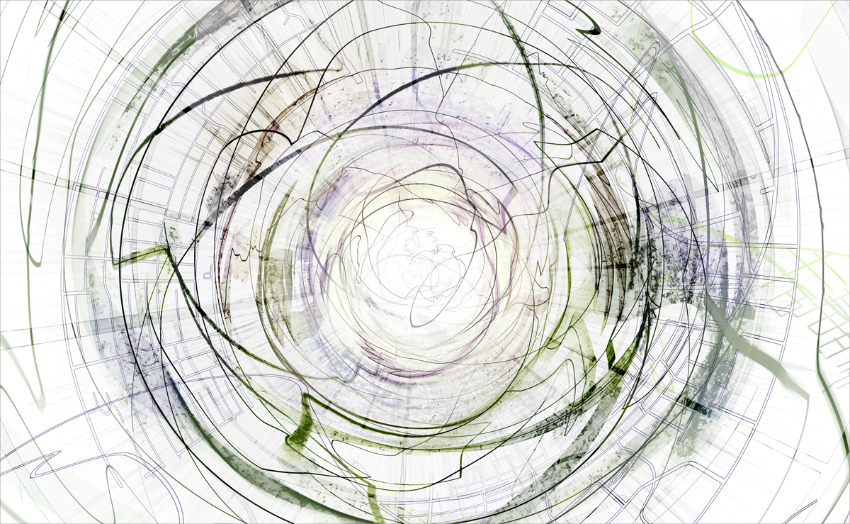 A circular abstract image of black and muted green & purple straight and curved lines on a white background