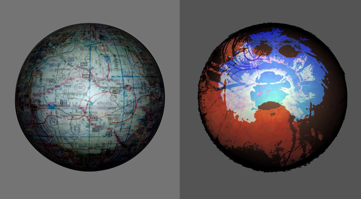 A screenshot of two circular shapes from a video by Rachel Clarke.  One is a globe with road map imagery and the other is a colorful abstract.